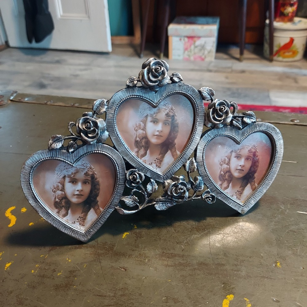 Vintage Pewter Tone Triple Heart Picture Frame Rose Floral Ornate Silver Metal